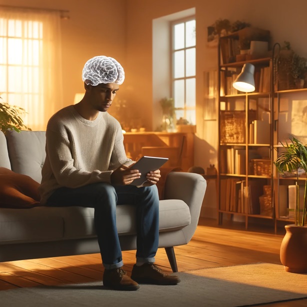 A serene setting in a comfortable living room with a person engaging in brain training on a tablet