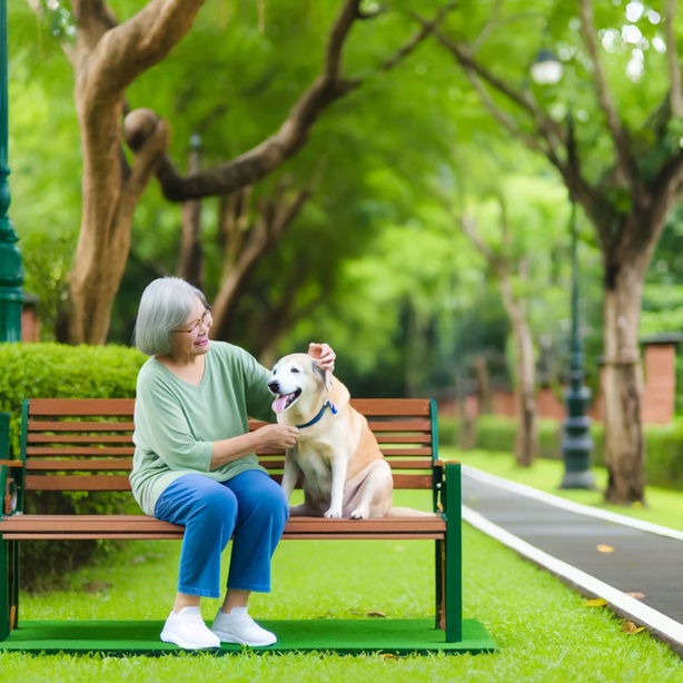 Elderly woman enjoying time with her dog in a park